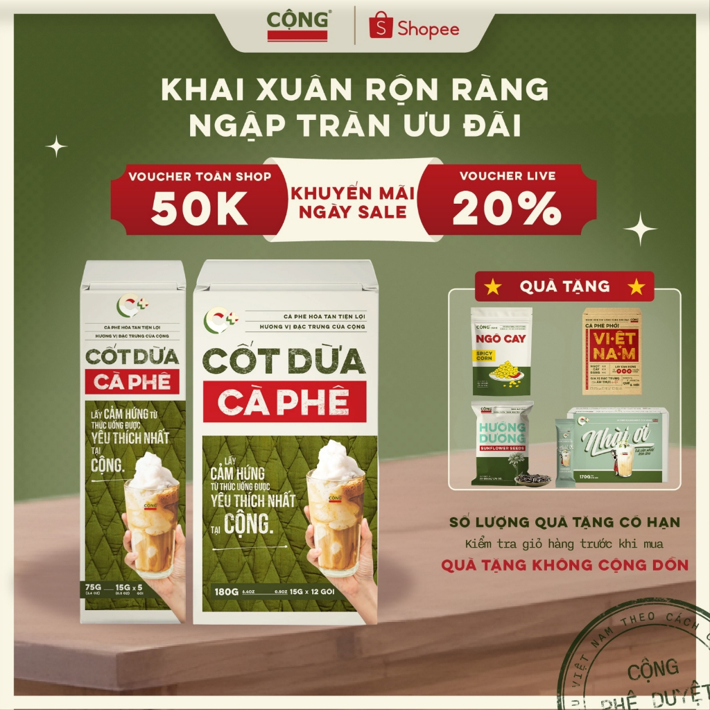 Cà phê cốt dừa Cộng Cà Phê hộp 5 - 12 gói béo ngậy nhẹ calo thấp, Cà phê Cộng hỗ trợ tỉnh táo