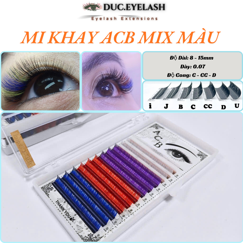 Mi khay ACB mix màu, dày 0.07, độ cong C-CC-D, nối mi classic, volume, dụng cụ nối mi / Đức Eyelash