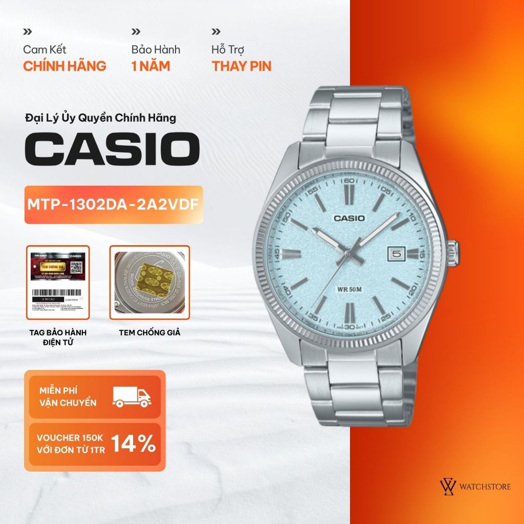 Đồng Hồ Nam Casio MTP-1302DA-2A2VDF Mặt Kính Khoáng 38.5mm Màu Xanh Vân Cát Dạ Quang Kháng Nước Dây 