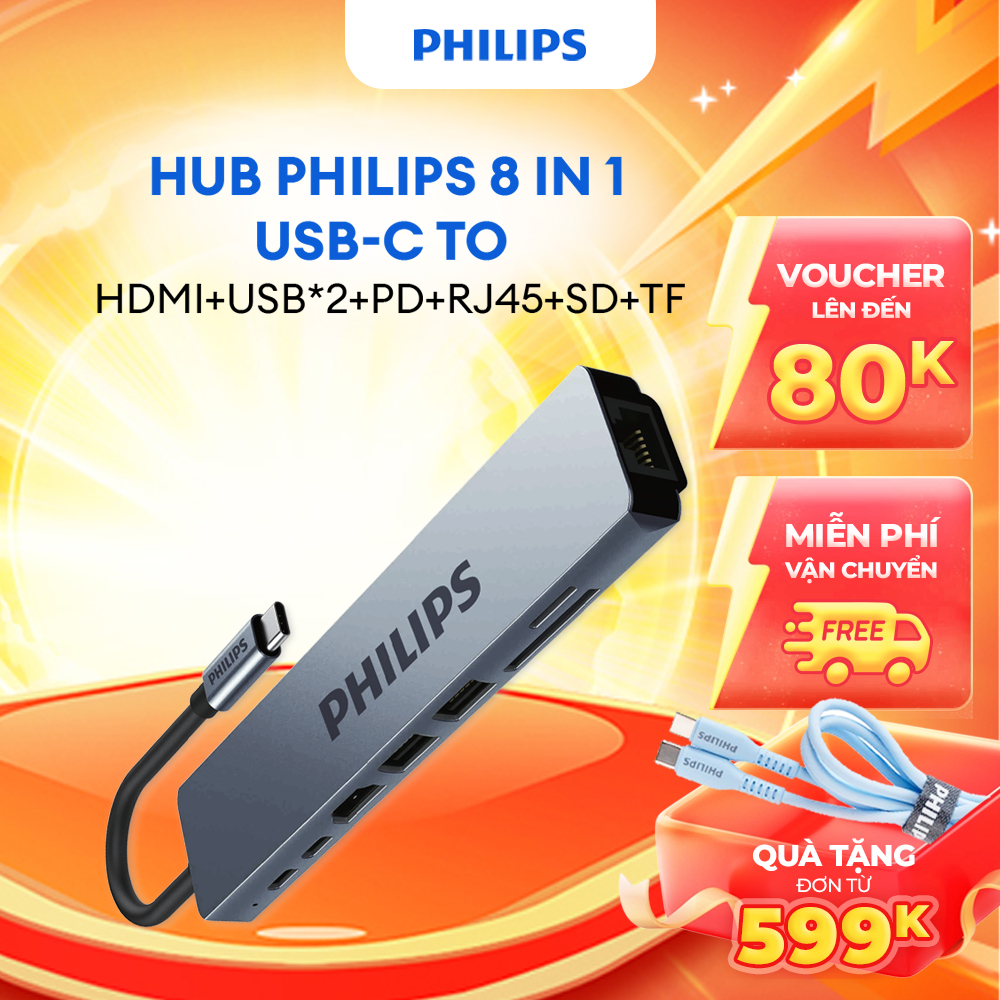 Hub Philips SWV6118G 8in1 USB-C to HDMI+USB*2+PD+RJ45+SD+TF