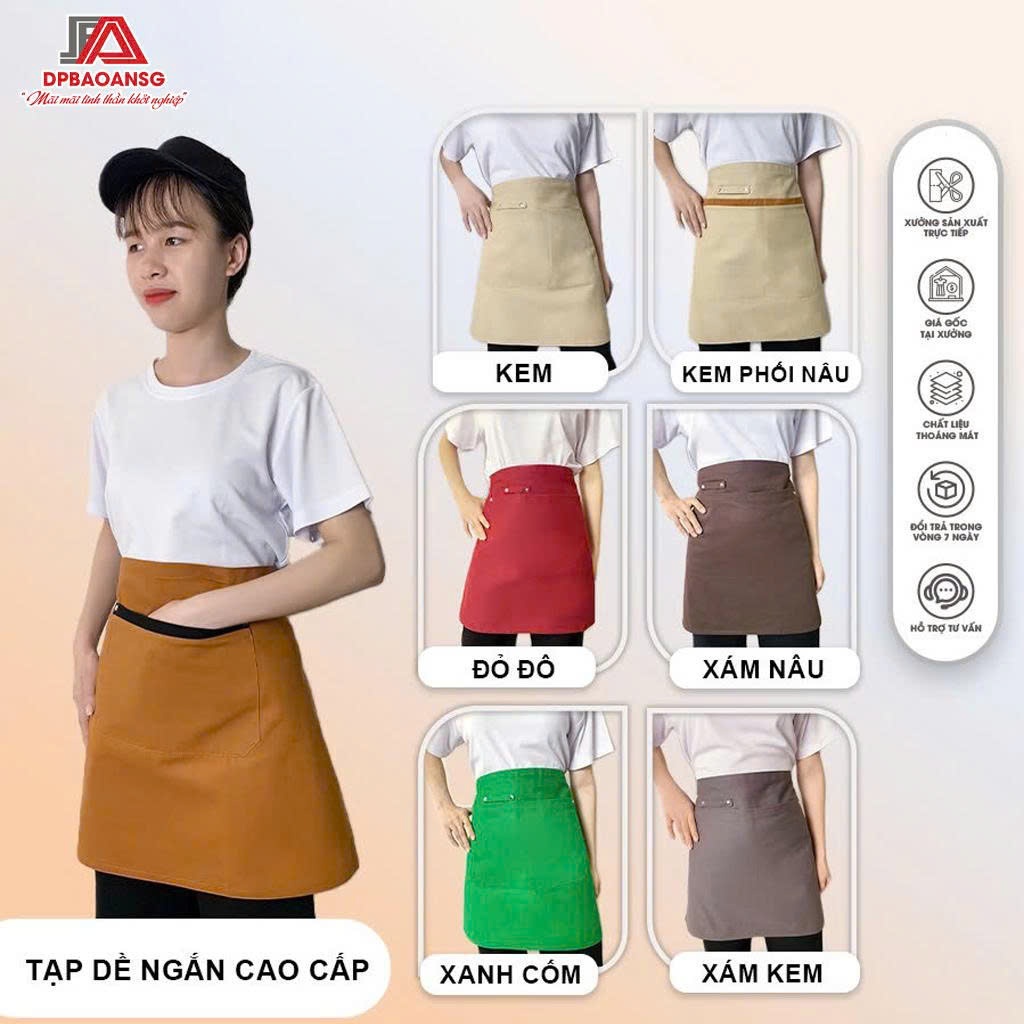 Tạp Dề Ngắn Phục Vụ Vải Kaki Bền Thoáng, Có Túi - Nhiều Màu Dễ Phối Cho Quán Cà Phê, Trà Sữa