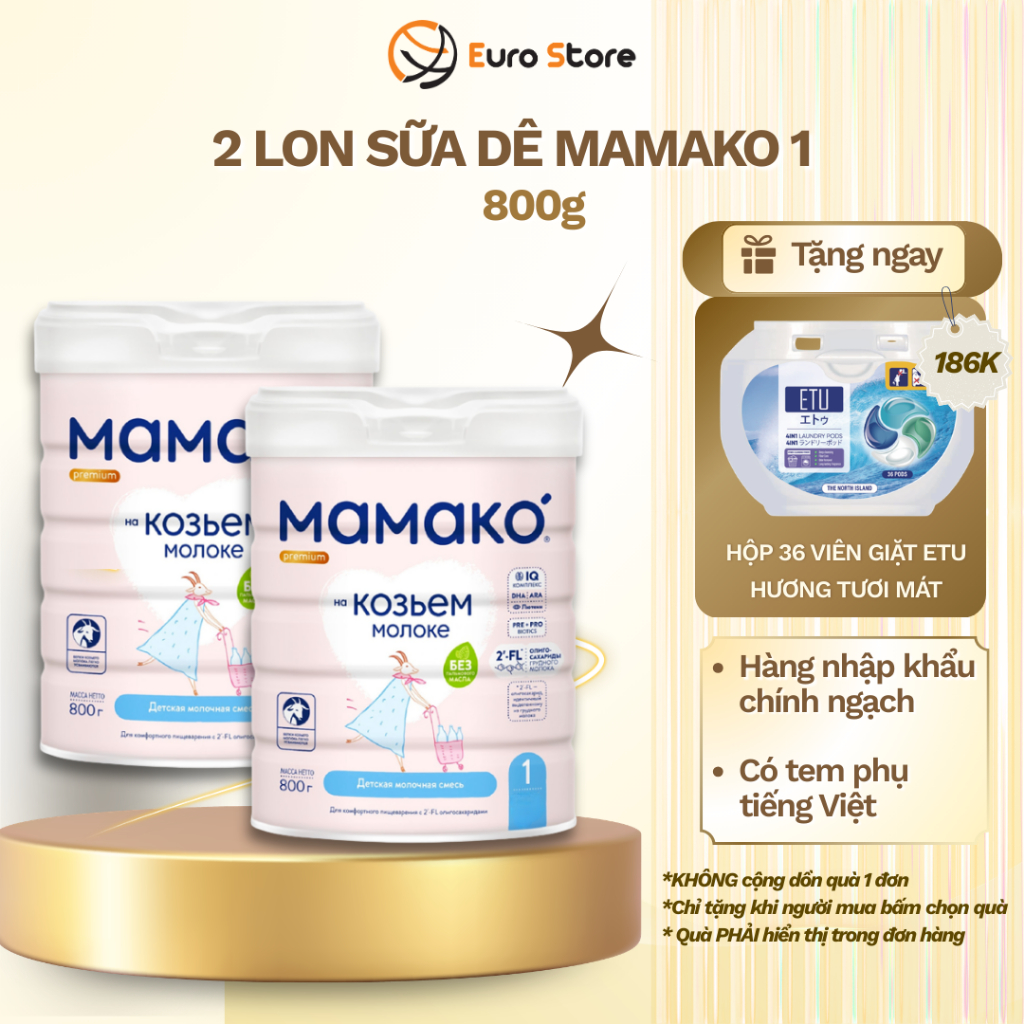 Combo 2 Lon Sữa Dê Công Thức MAMAKO 1 Premium  Euro Store - 800g tăng cường miễn dịch