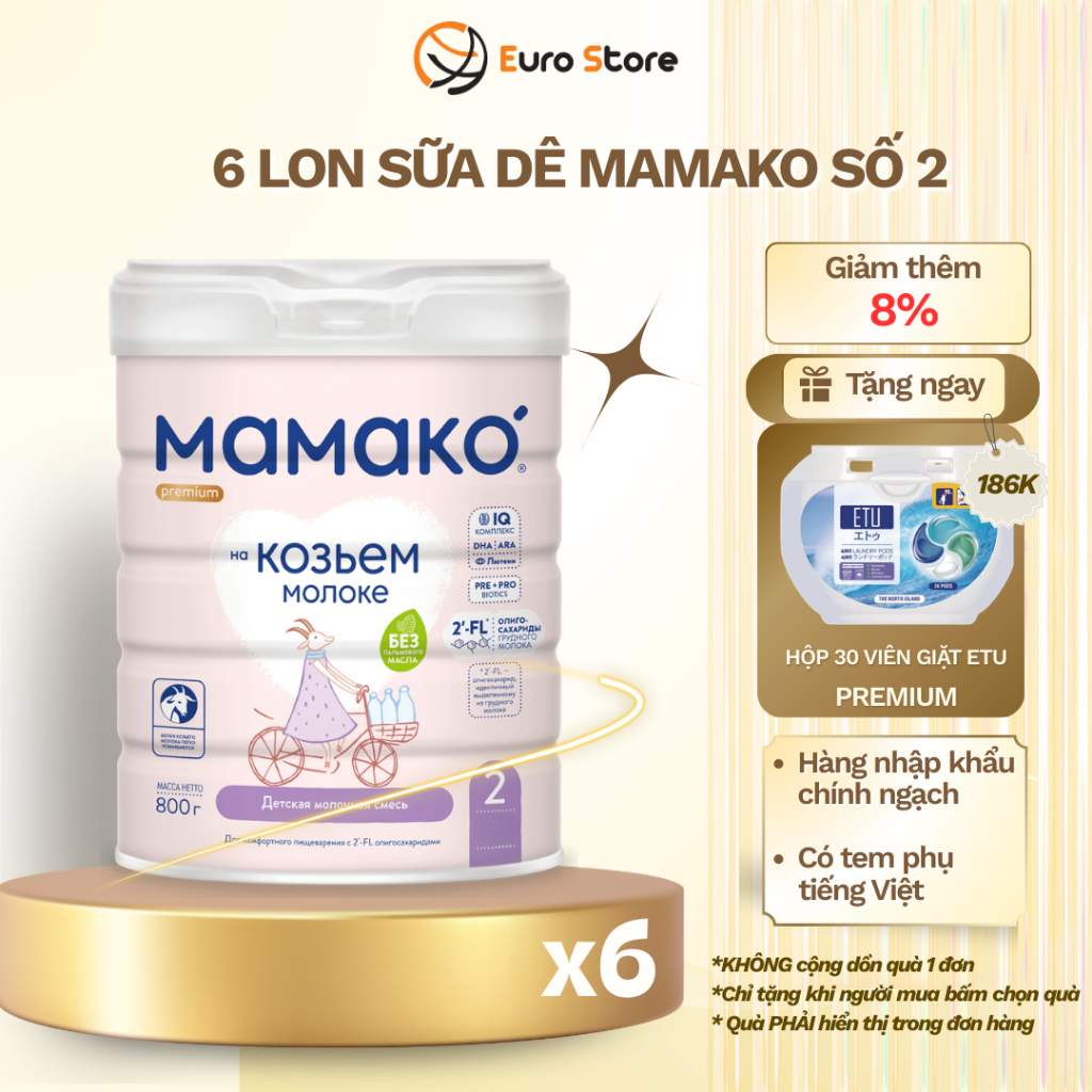 [Thùng 6 Lon] Sữa Dê Công Thức MAMAKO Premium Euro Store Số 2 - 800g tăng cường miễn dịch