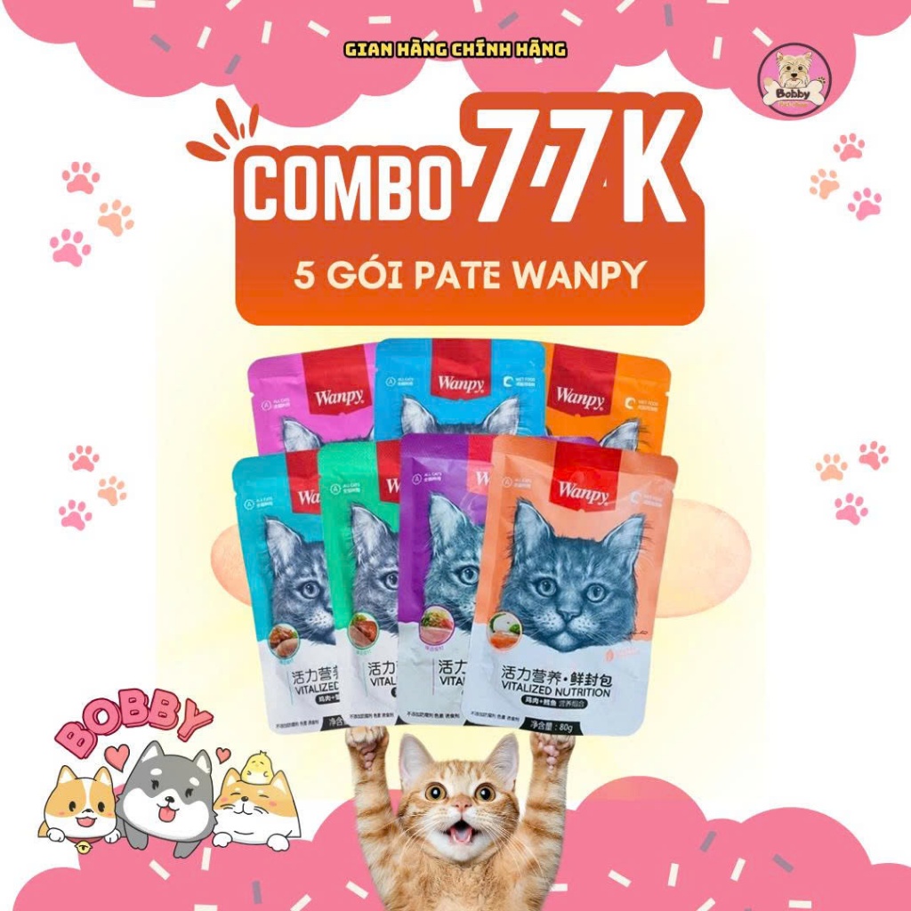 🥝PATE GÓI WANPY cho mèo(80gr) - Hương Vị Gà/Cá Ngừ, Giải Pháp Ăn Ngon Cho Mèo Kén Ăn.