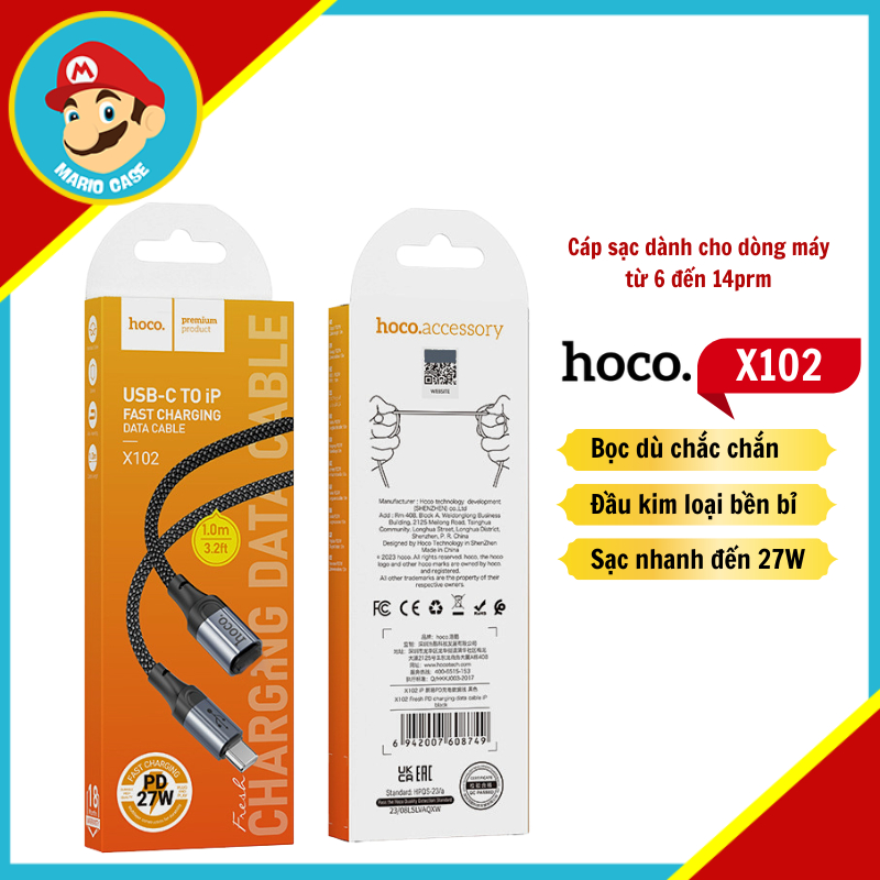 Cáp Sạc Nhanh Type C to LN HOCO X102 27W  bọc dù chống rối dài 1m cho điện thoại lphone 6-14promax
