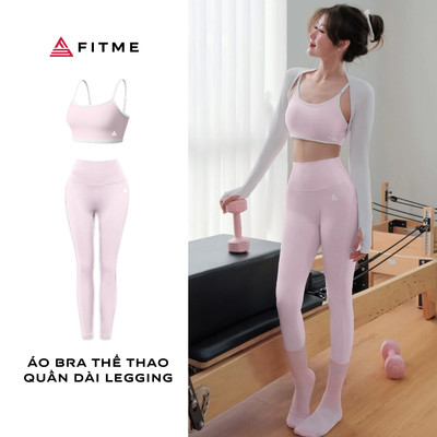 Bộ đồ tập pilates yoga nữ Fitme GLOW áo bra, quần dài hồng pastel tôn dáng thoáng khí thấm hút mồ hôi