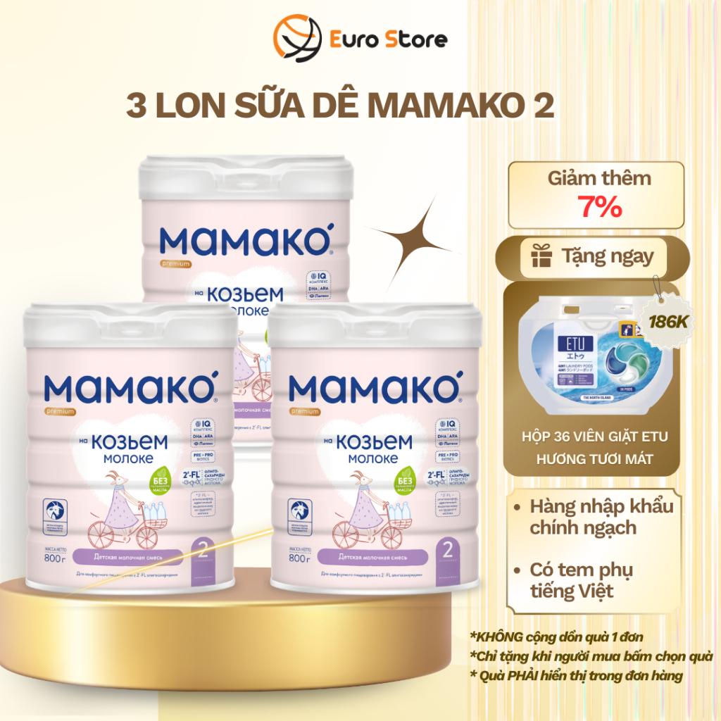 [Combo 3 Lon] Sữa Dê Công Thức MAMAKO Premium Euro Store Số 2 - 800g tăng cường miễn dịch