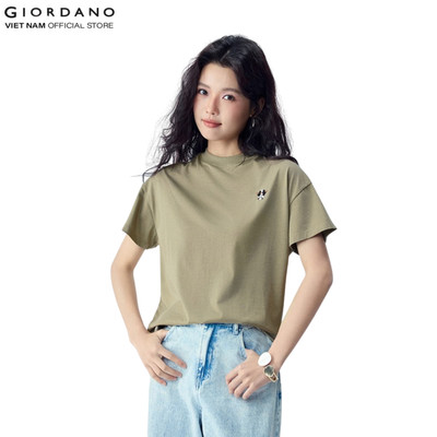 [Online Exclusive] GIORDANO Áo Thun Nữ Ngắn Tay Thêu Hình Gấu Trúc 5324396