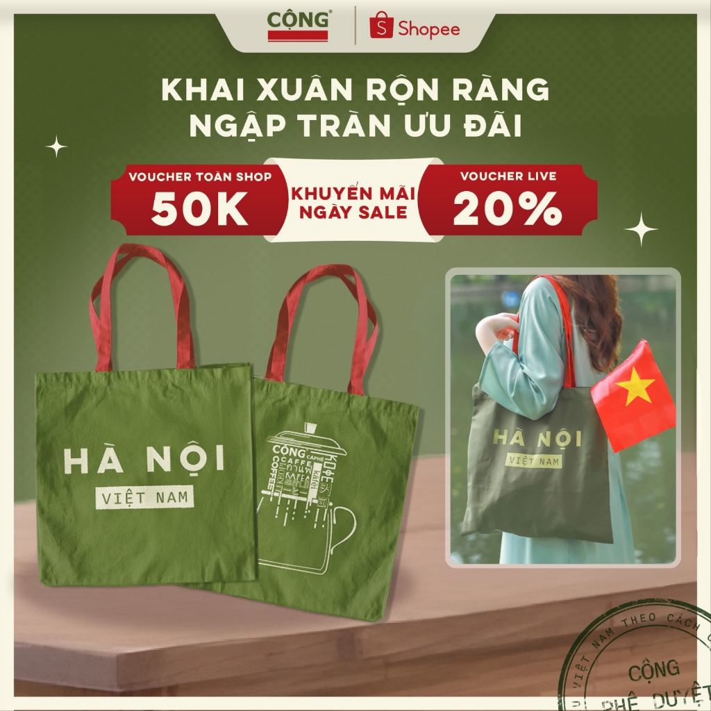 Túi vải canvas Cộng Cà Phê 40*40cm chất vải dày dặn có khóa bấm, cá nhân hóa tên địa phương