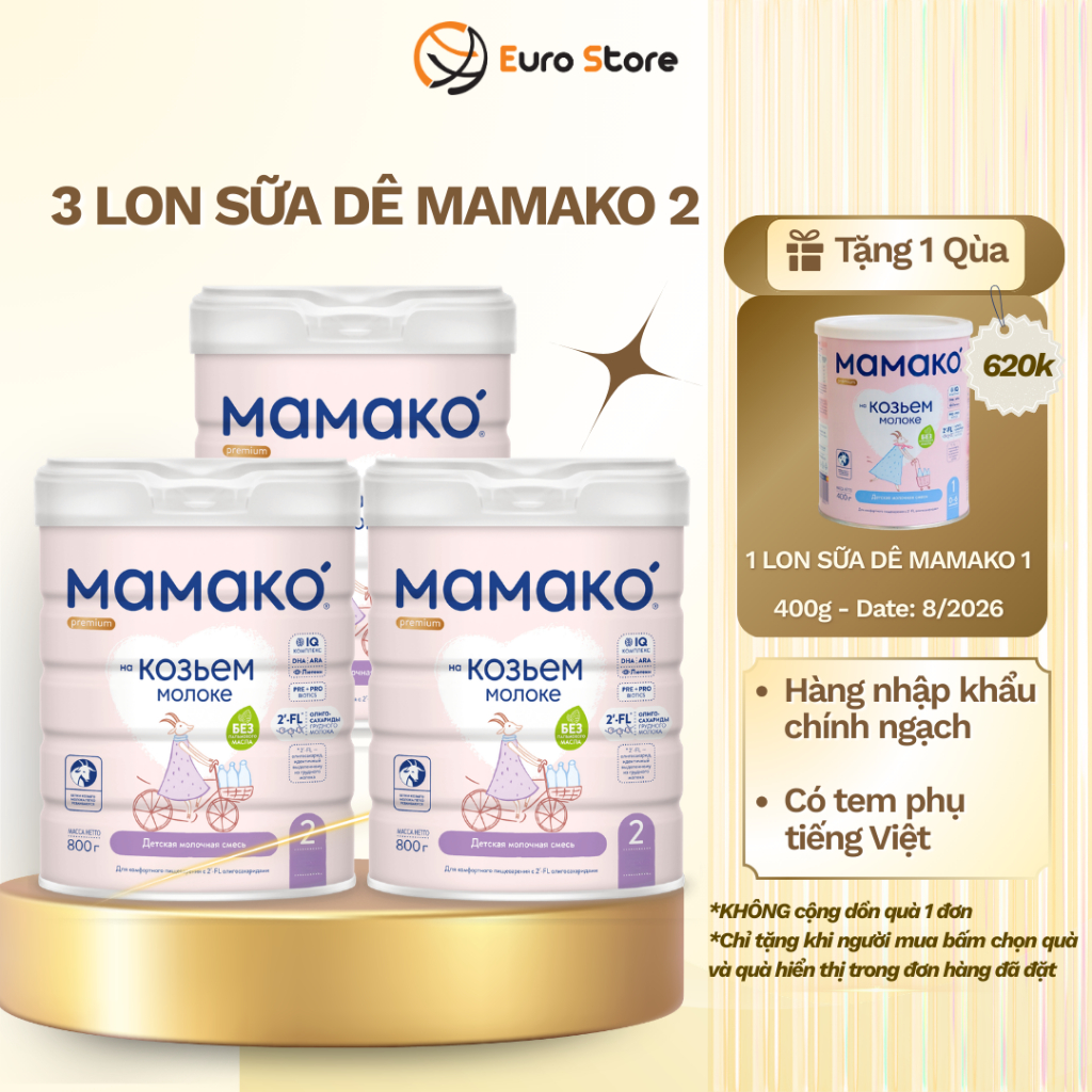 Combo 3 Lon Sữa Dê Công Thức MAMAKO Premium Nga Euro Store Số 2 - 800g