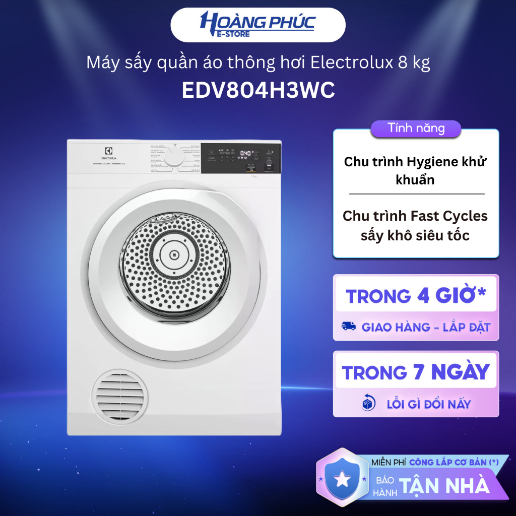 Máy Sấy Quần Áo Thông Hơi Electrolux 8 Kg EDV804H3WC / 9 Kg EDV904H3WC {Ship HCM 0Đ}