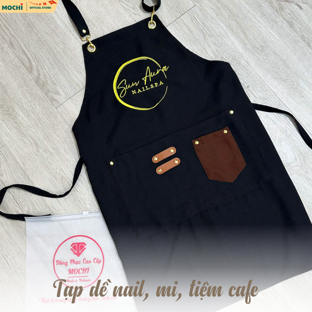 Tạp dề tiệm nail, cafe, nhà hàng, chất liệu vải tuyết mưa cao cấp chính hãng Mochi, không bám bụi