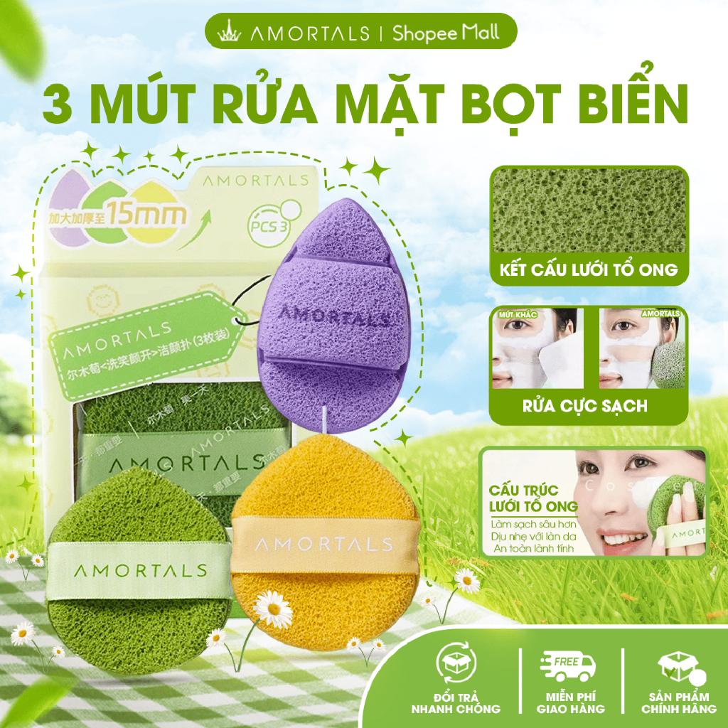 《Amortals Vietnam》Bông Mút Rửa Mặt Bọt Biển AMORTALS Hình Giọt Nước Làm Sạch, Rửa Mặt Nạ Bùn
