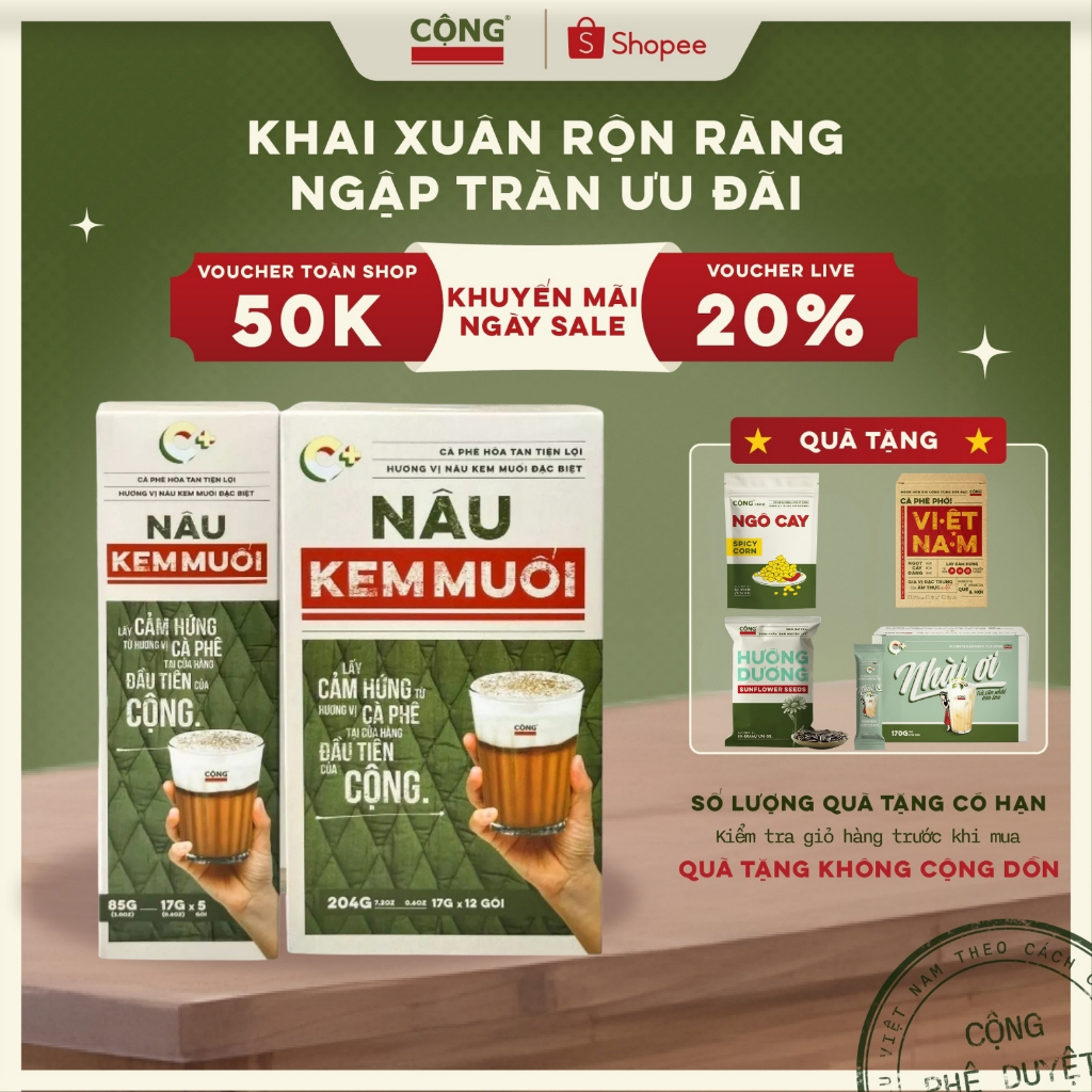 Cà phê muối, Nâu kem muối Cộng Cà Phê hộp 5/12 gói vị chuẩn tại quán, Cà phê hòa tan hỗ trợ tỉnh táo