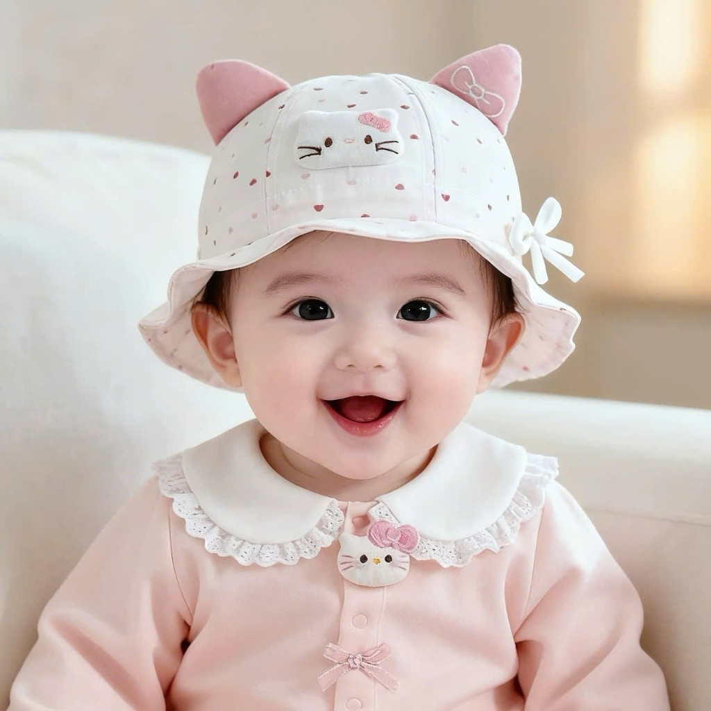 Mũ vành tròn họa tiết chấm bi thiết kế mèo kitty tai hồng quai chun bé gái đính nơ xinh xắn chống nắ