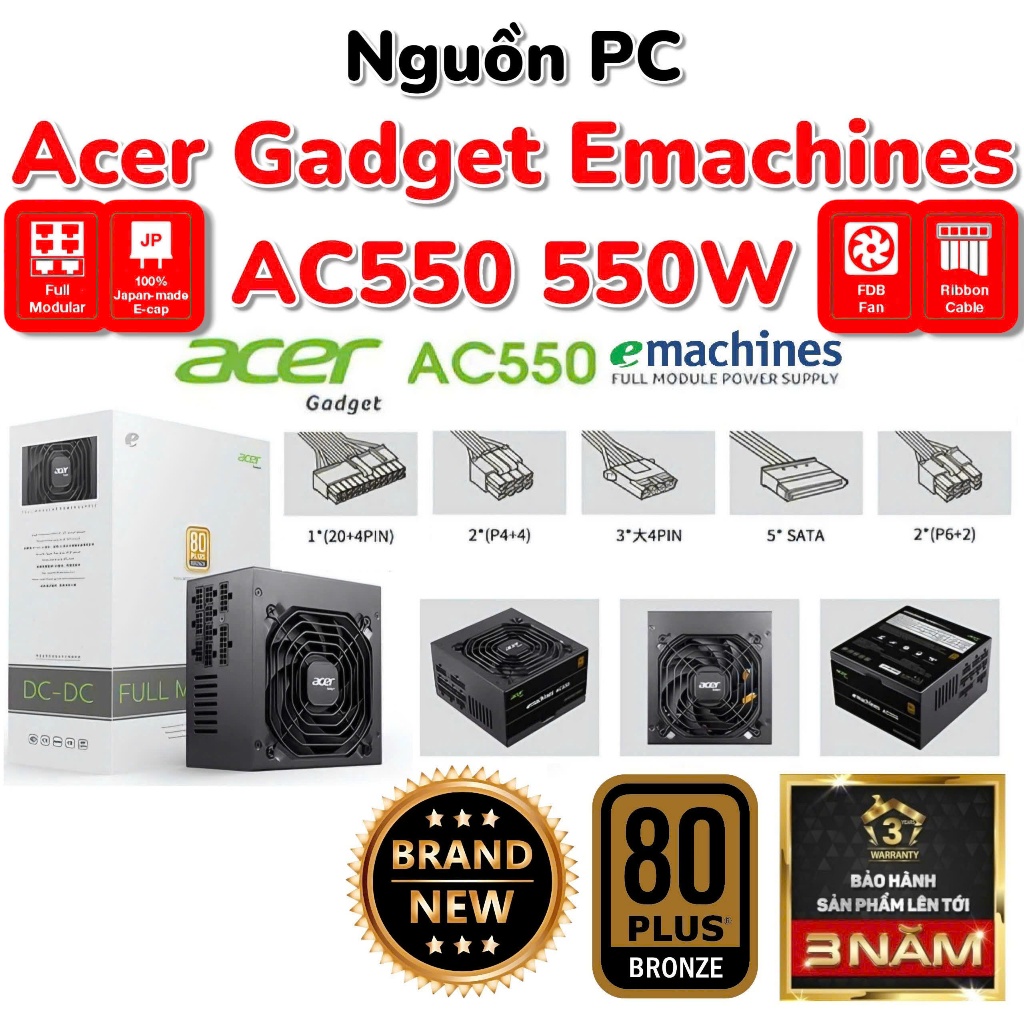 Nguồn Acer AC550 550W - Full Modular/Range - 80+ Bronze - Rẻ Nhất Sàn - Mới 100% - BH 36Th