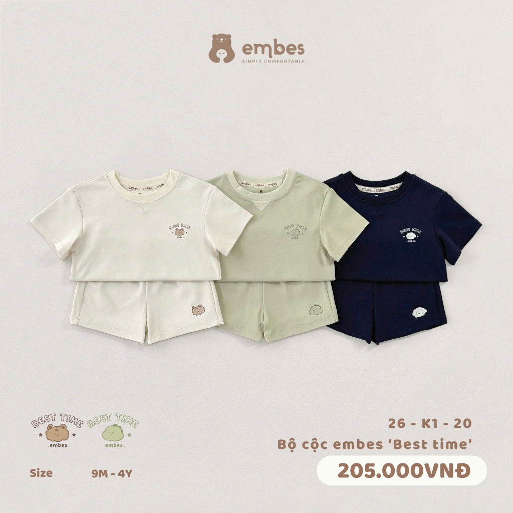 Bộ Cộc Cho Bé Embes, Bộ Cộc Tay Màu Trơn In Hình Chất Cotton Đứng Form Cho Bé Trai Bé Gái Từ 8-17Kg