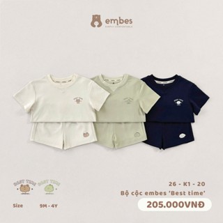 Bộ Cộc Cho Bé Embes, Bộ Cộc Tay Màu Trơn In Hình Chất Cotton Đứng Form Cho Bé Trai Bé Gái Từ 8-17Kg