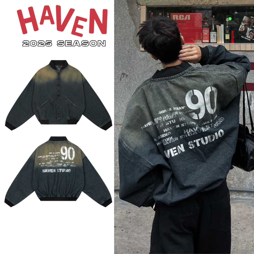 Áo Khoác Bomber Jeans Haven Studio Form Rộng Chất Jean Wash Nam Nữ Phong Cách Streetwear Có 3 Màu