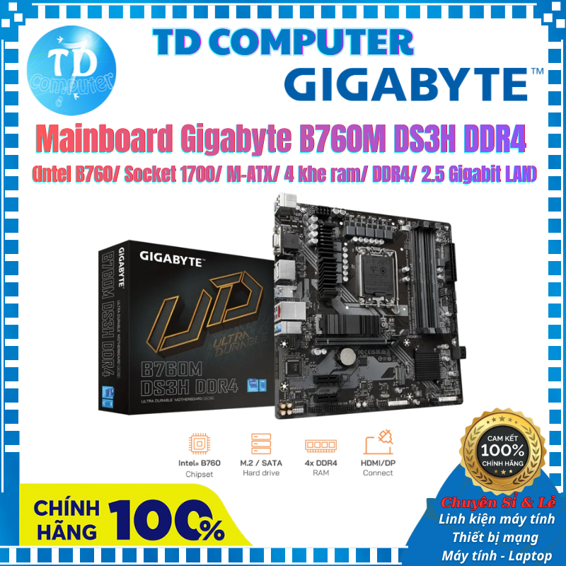 Mainboard Gigabyte B760M DS3H DDR4 (Intel B760/ Socket 1700/ M-ATX/ 4 khe ram/ DDR4/ 2.5Gigabit LAN)
