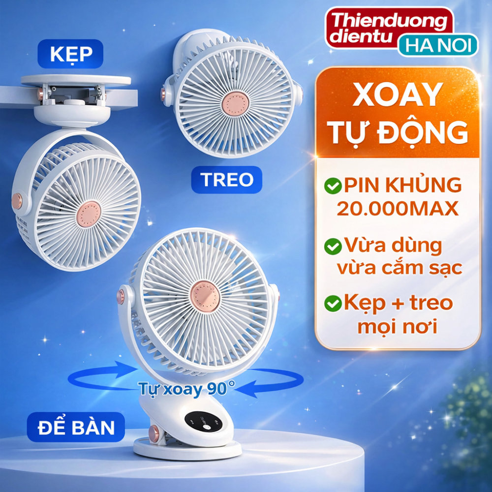 Quạt Kẹp Tích Điện Xoay Tự Động, Pin Trâu 20000mAh, Kích thước 16,5cm, không tiếng ồn, Siêu bền [Bảo hành 1 năm]