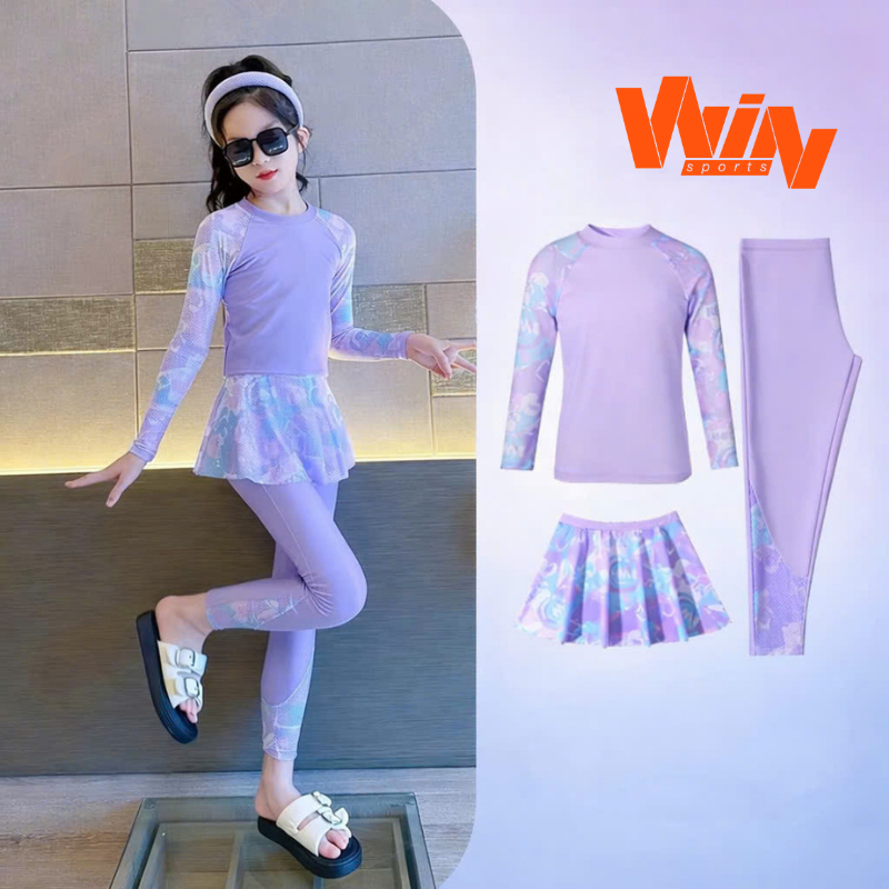 Đồ bơi bé gái vải Thun dài tay, Quần dài tay cho trẻ em Đồ bơi hai mảnh, Bộ đồ bơi 3 món chống nắng thời trang [K076]