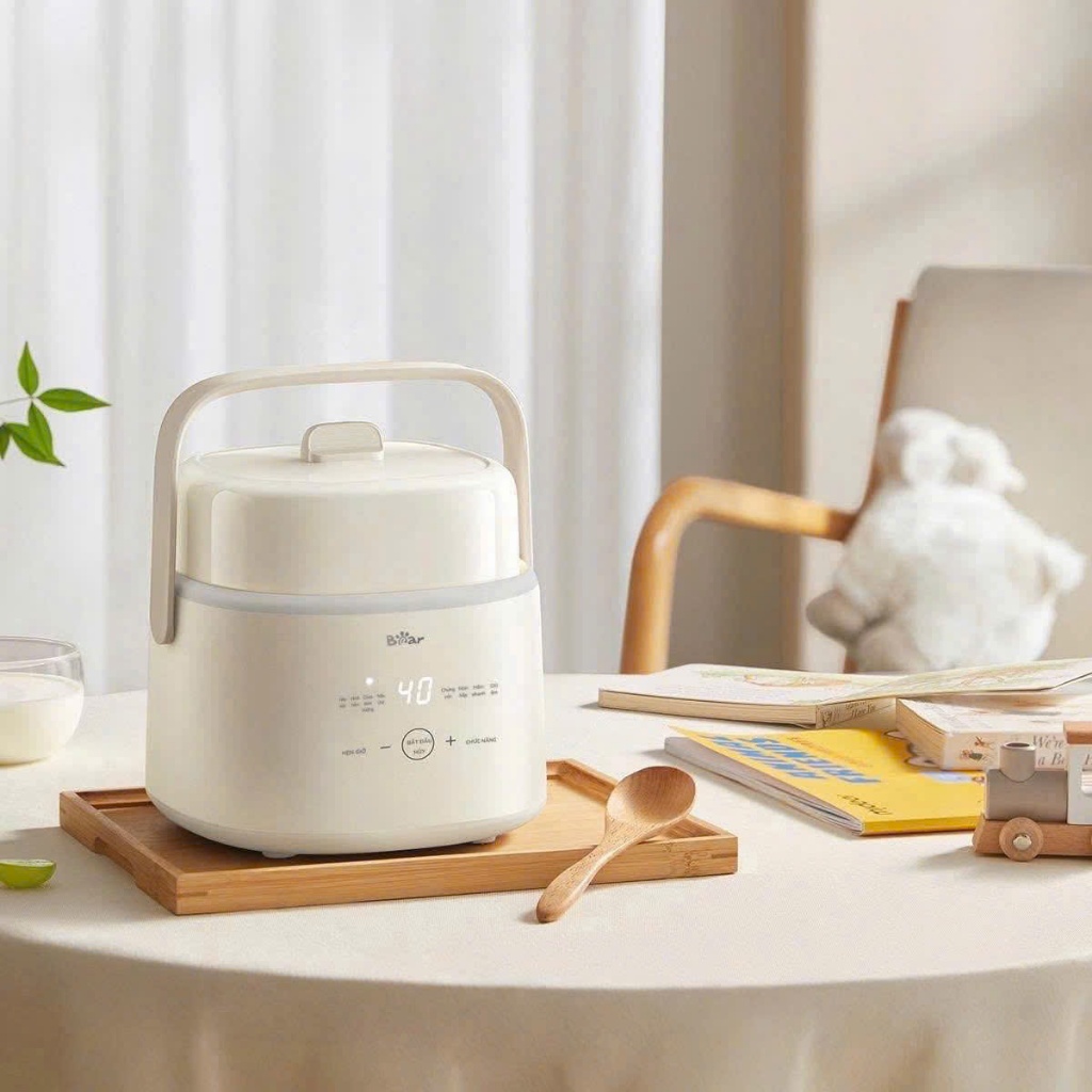 Nồi nấu chậm Bear 1L SC-4H10E, KEM, kèm xứng hấp