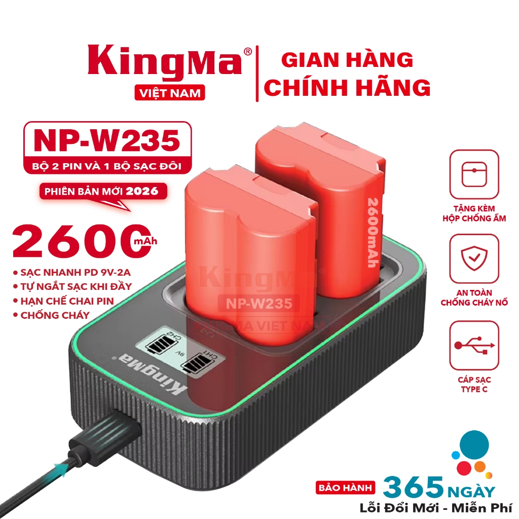 Bộ 2 Pin 2600mAh + 1 Dock Sạc Đôi NP-W235 KingMa Phiên Bản Mới Nhất NP-W235 Thế Hệ 5 Sạc Nhanh Gấp 1
