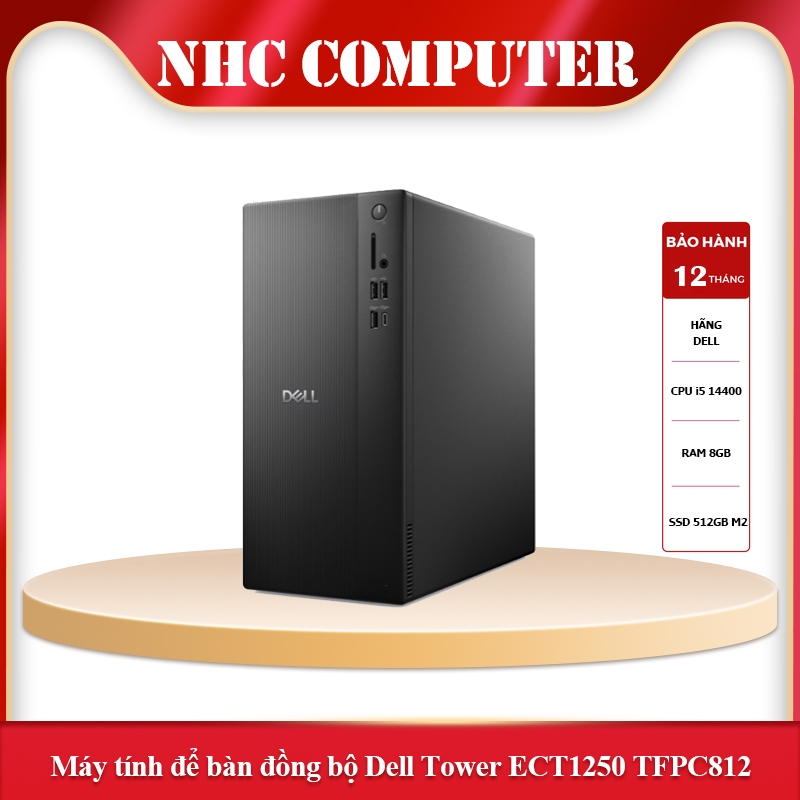 PC Dell Tower ECT1250 TFPC812 (I5 14400/ 8GB/ 512GB SSD/ Wifi + BT/ Key/ Mouse/ Win11/ 1Y)