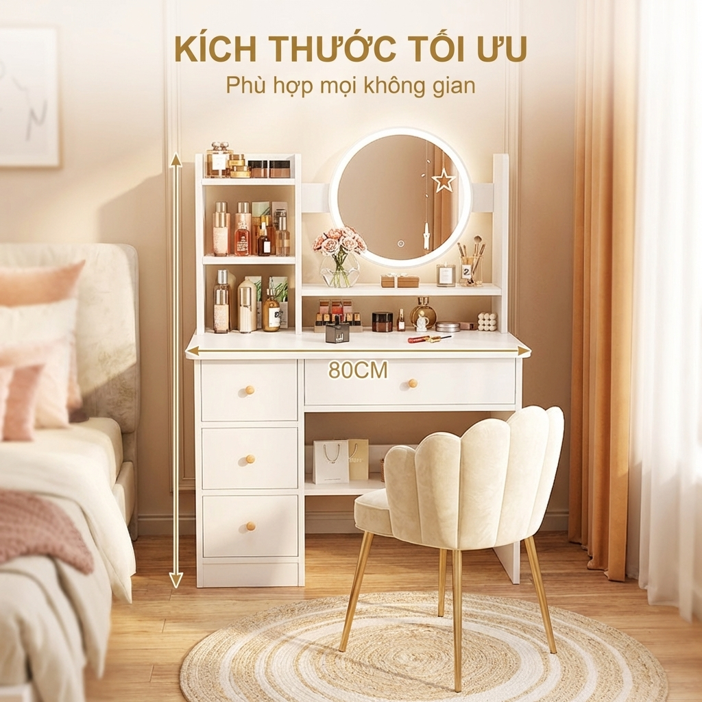 BMZAR Bàn trang điểm đa chức năng với đèn LED và nhiều ngăn kéo tiết kiệm không gian | BigBuy360 - bigbuy360.vn