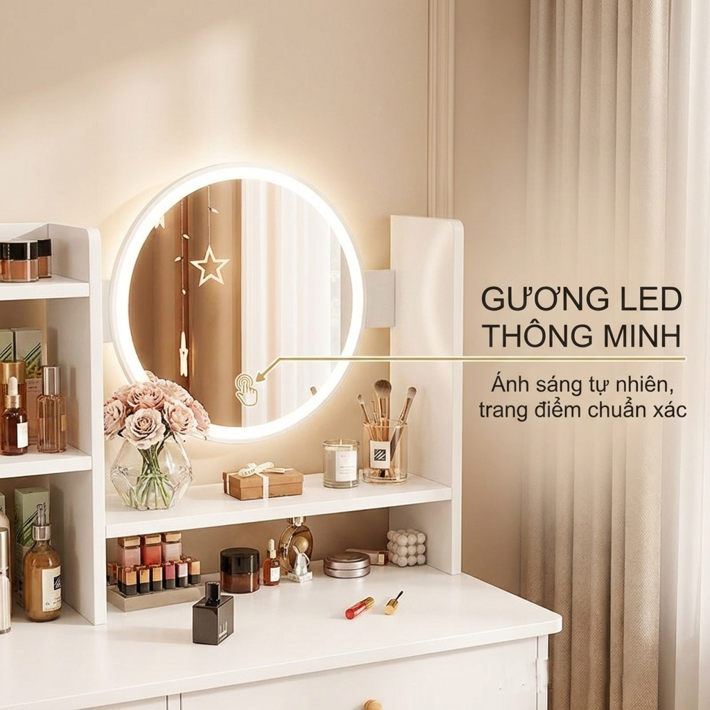 BMZAR Bàn trang điểm đa chức năng với đèn LED và nhiều ngăn kéo tiết kiệm không gian | BigBuy360 - bigbuy360.vn
