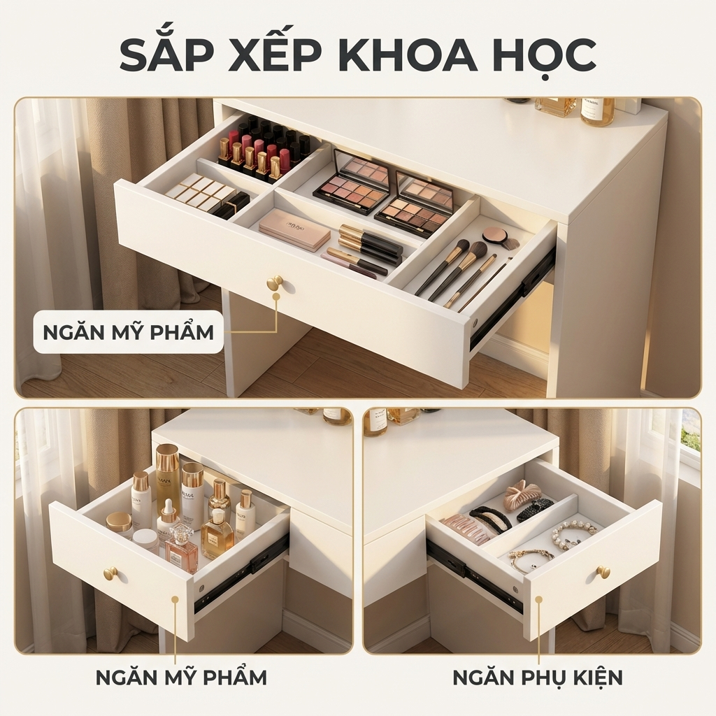 BMZAR Bàn trang điểm đa chức năng với đèn LED và nhiều ngăn kéo tiết kiệm không gian | BigBuy360 - bigbuy360.vn