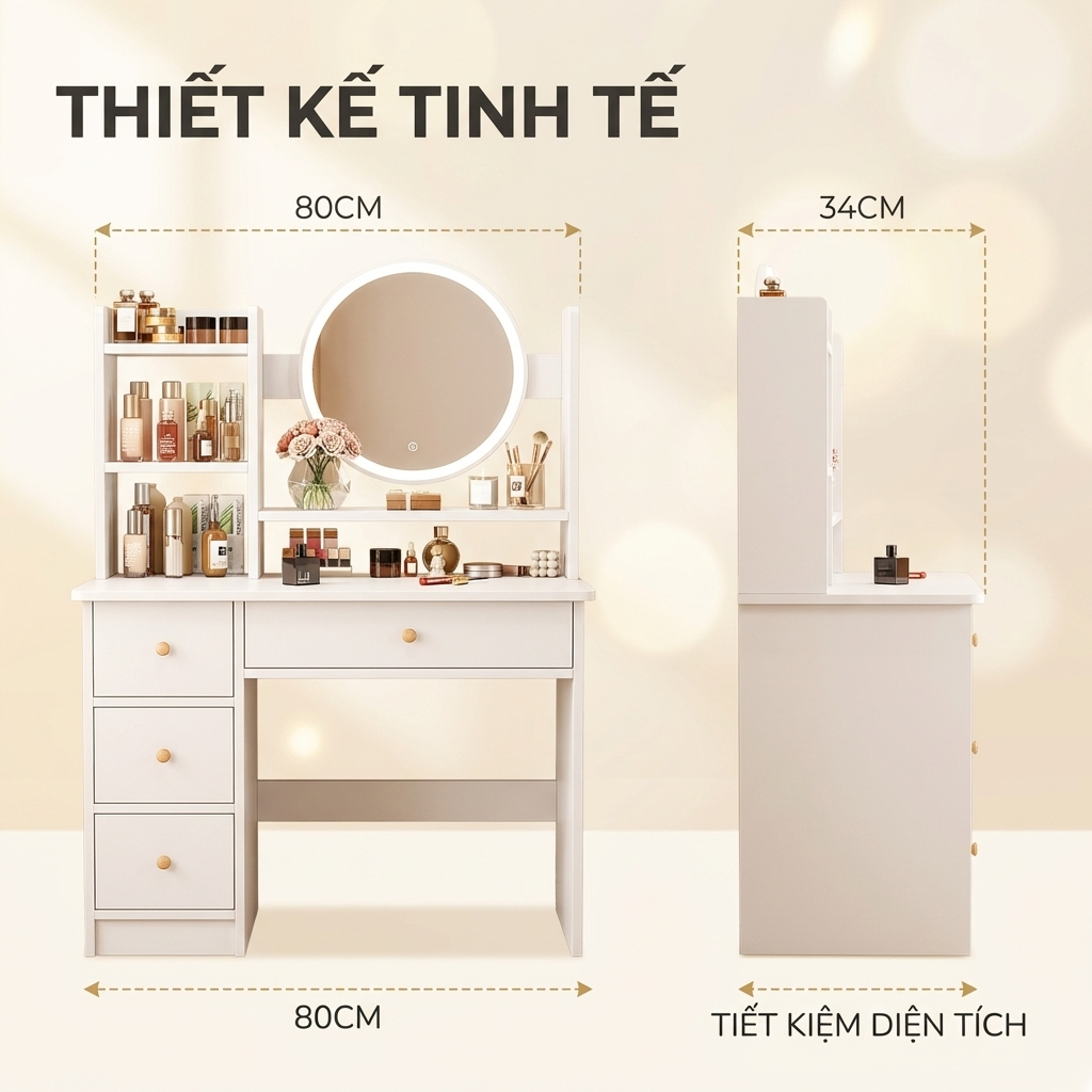 BMZAR Bàn trang điểm đa chức năng với đèn LED và nhiều ngăn kéo tiết kiệm không gian | BigBuy360 - bigbuy360.vn