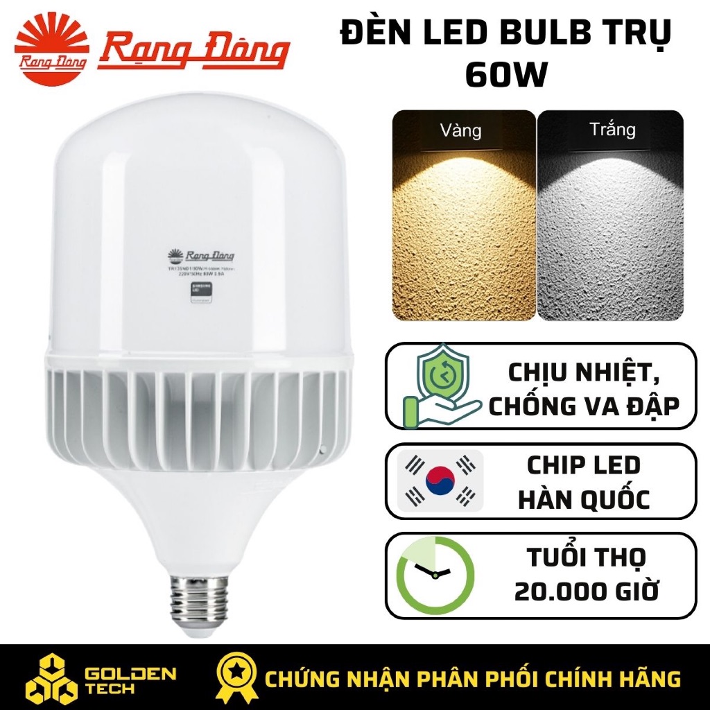 Bóng Đèn Led Bulb trụ nhôm đúc Rạng Đông TR135NĐ1/60W Ánh sáng Trắng 6500K, Vàng 3000K