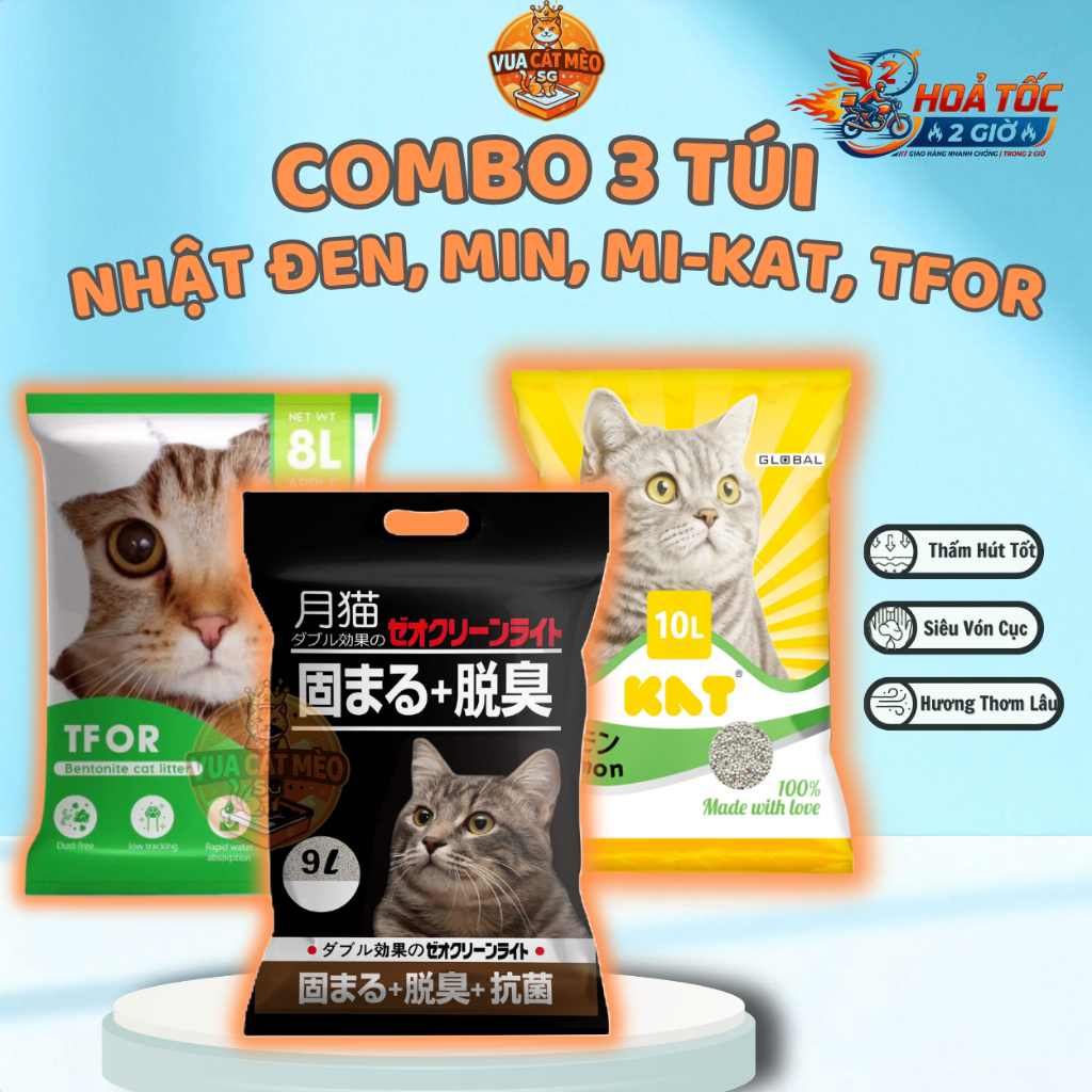 [COMBO 3 TÚI] Cát Vệ Sinh Cho Mèo 9L, 10L, Cát NHẬT ĐEN, cát MIN, MIKAT, khử mùi, vón cục chắc, không bết đáy