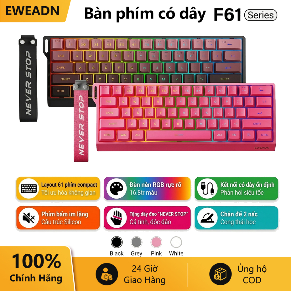 EWEADN F61 RGB Bàn phím có dây  61 phím nhỏ gọn và di động với các phím bấm êm ái.
