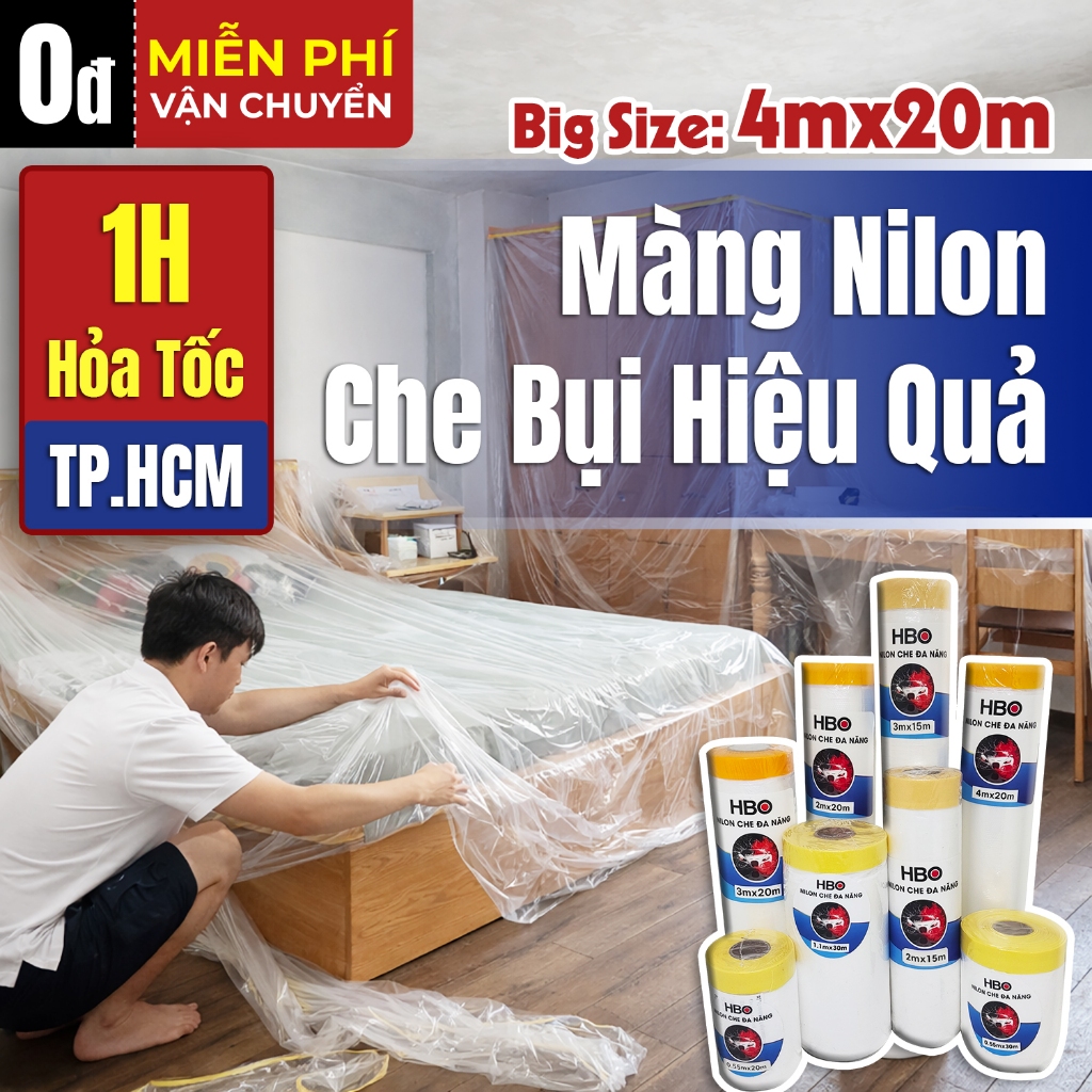 Màng bọc nilon che bụi nhiều kích thước, băng keo nilon che sơn ngăn bụi, màng nilon phủ đồ kích thư