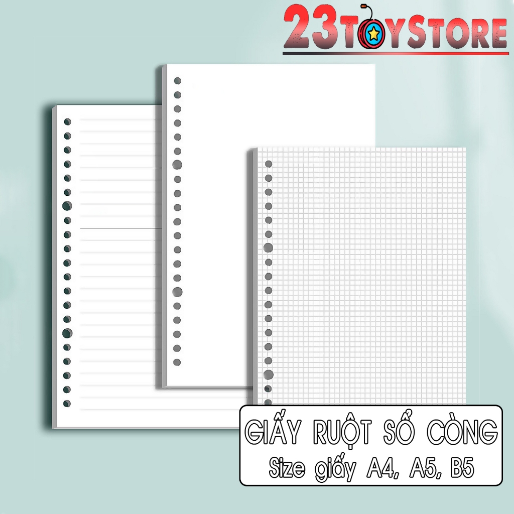 Giấy thay ruột sổ còng Binder, dùng cho sổ cỡ A4 A5 B5 một xấp 60 tờ kẻ ngang, ô vuông, giấy trơn