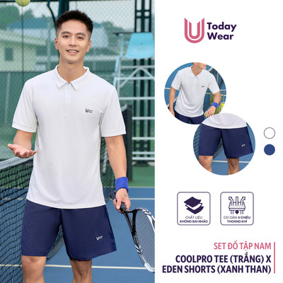 [DEAL MỞ BÁN] Set thể thao nam tập picklebal áo polo Cool Pro trắng phối quần Eden Short xanh than Today U Wear