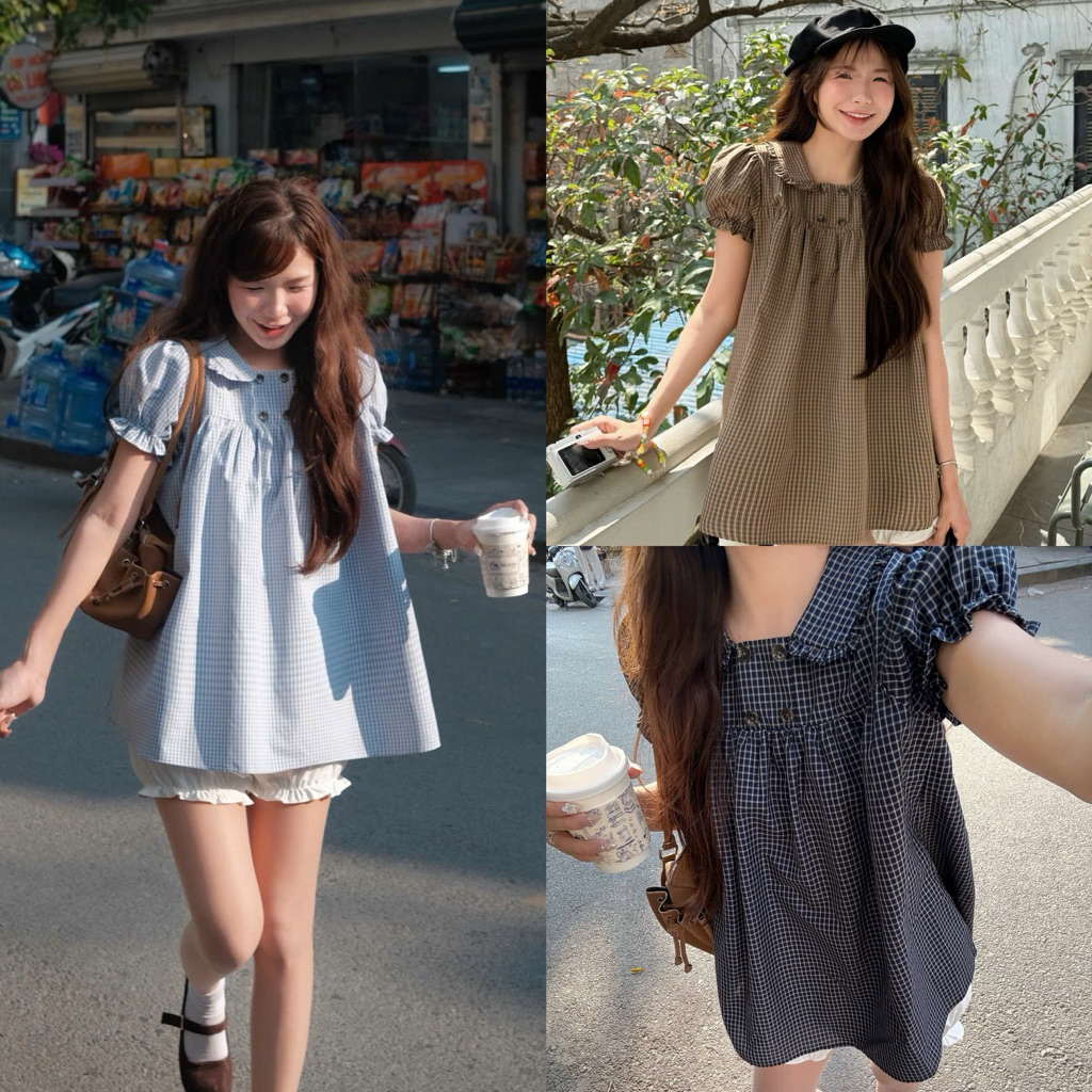 Set áo váy babydoll kẻ caro cổ cúc (kèm quần bí) Nữ the.sweaterweather TSW