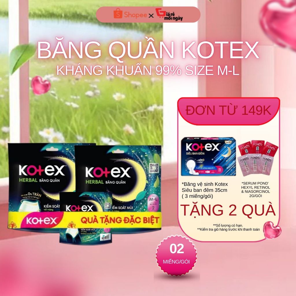 BĂNG VỆ SINH DẠNG QUẦN KOTEX HERBAL BAN ĐÊM SIZE M/L (2 MIẾNG/GÓI)