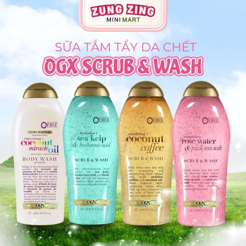 Sữa Tắm Tẩy Tế Bào Chết OGX Body Scrub & Wash 577ml –Sữa Tắm OGX Tẩy Da Chết Dưỡng Ẩm Mịn Da Hàng Mỹ