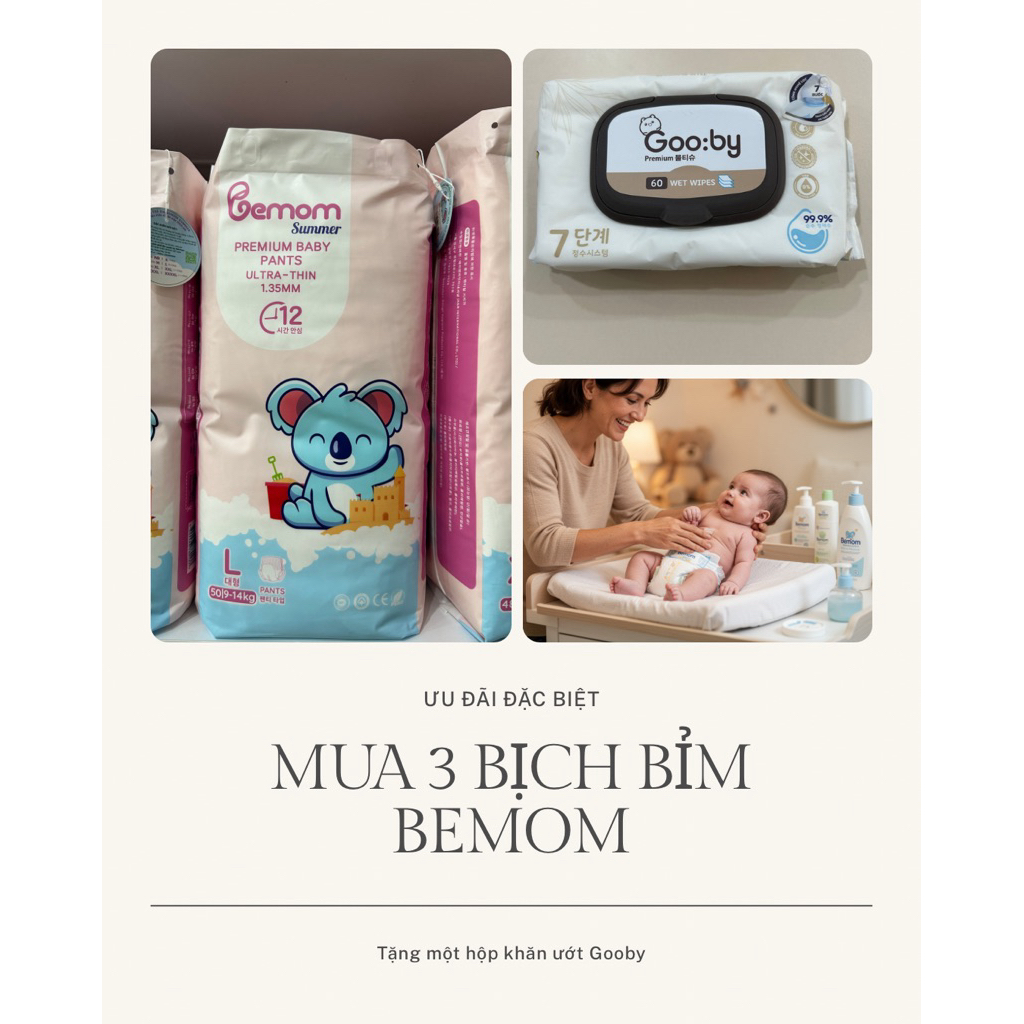 (Giá SHOCK) Combo 3 Bịch Tã/Bỉm BEMOM SUMMER Hàn Quốc Dán/Quần Đủ Size + Tặng 1 Bịch Khăn Ướt Gooby