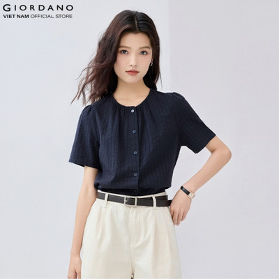 [Online Exclusive] GIORDANO Áo Sơ Mi Nữ Tay Ngắn 100% Cotton Jacquard Short Sleeve Blouse 5345477