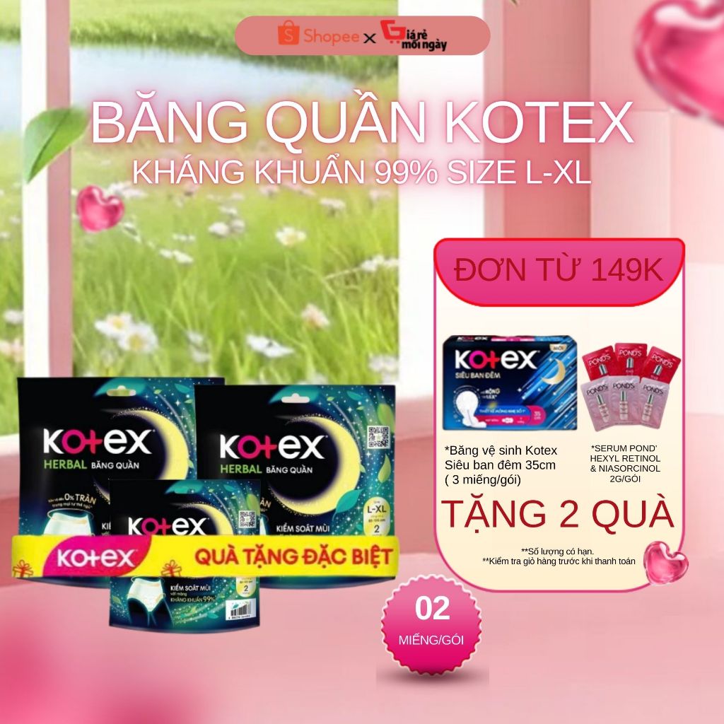 BĂNG VỆ SINH DẠNG QUẦN KOTEX HERBAL- 2 MIẾNG SIZE (L-XL)
