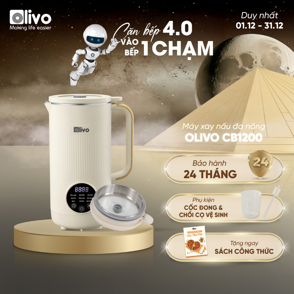Máy Xay Nấu Đa Năng OLIVO CB1200 1.2L – Nắp INOX 304 + Kính Cường Lực – 10 Chế Độ – Chống Trào, Khử 
