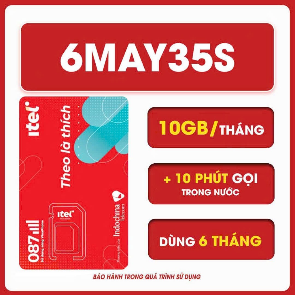 Sim Itel 6May35s , sim data dùng 6 tháng, có 10GB/tháng + 10 Phút gọi nội mạng trong nước- Hết 10GB 