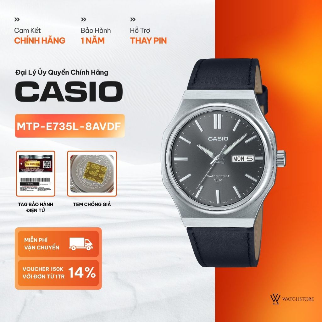 Đồng Hồ Nam Casio MTP-E735L-8AVDF Màu Đen Mặt Kính Khoáng 37.5mm Chống Nước Dây Da Chính Hãng