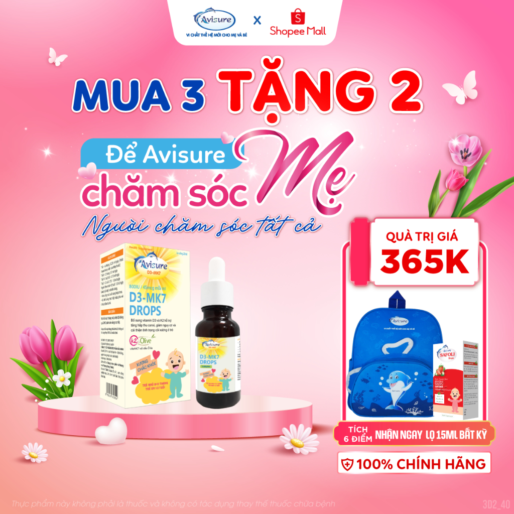 D3 K2 Từ EU Cho Bé TPBVSK  Avisure D3MK7 Hỗ Trợ Hấp Thụ Canxi, Cải Thiện Tình Trạng Còi Xương 30ml