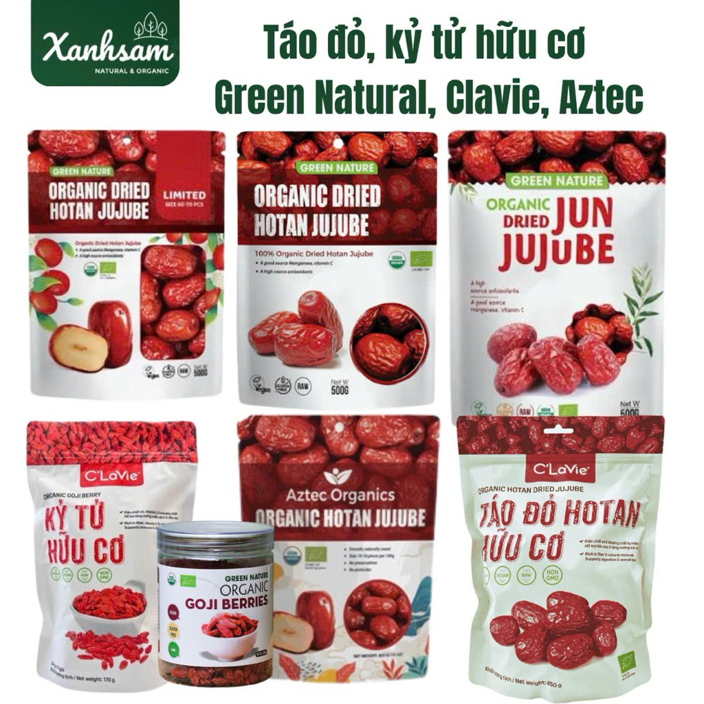 Táo Đỏ Hotan & Kỷ Tử Hữu Cơ USDA – EU Organic | Green Nature, Aztec, Clavie | Táo Tàu Sấy Khô, Goji 